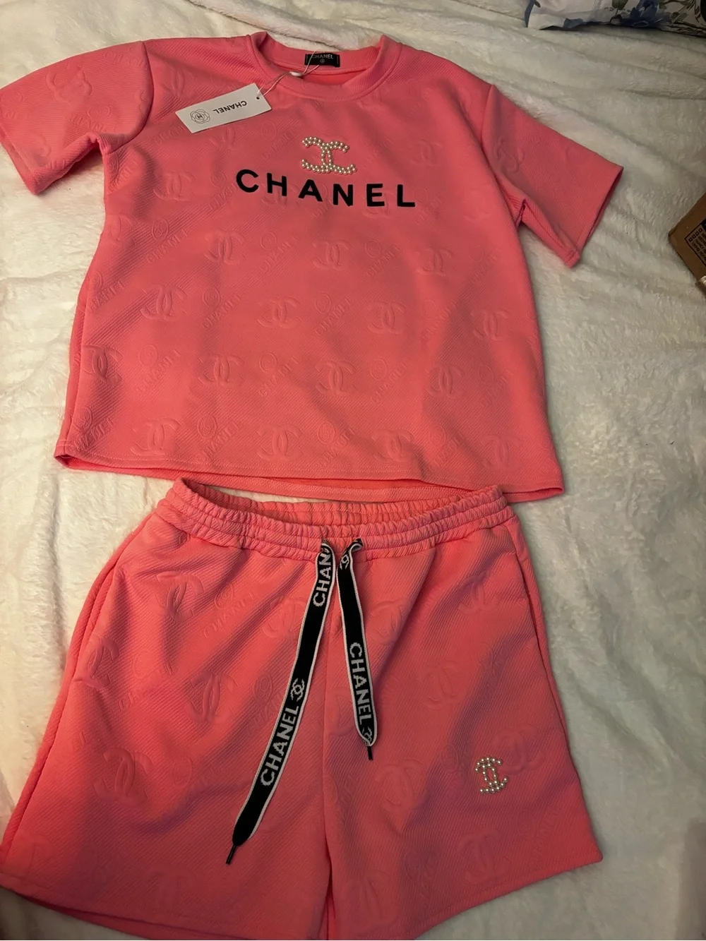 2 piece  Pink Pearl-Logo Embossed Lounge Set